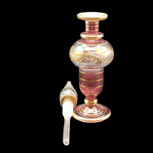 Egyptian Hand Blown Glass Perfume Bottle Cranberry  Clear W/ Gold Trim 5.5" - Picture 4 of 4